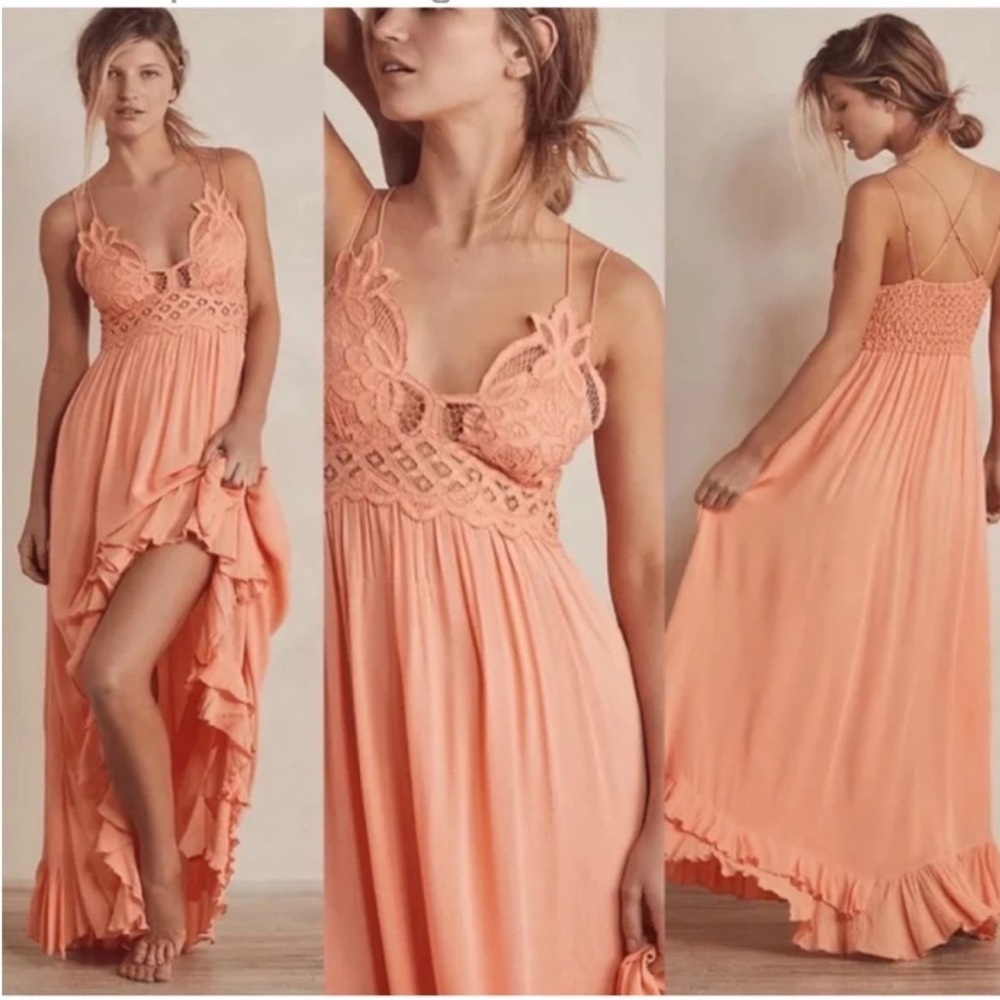 Elegant Coral Lace Maxi Dress
